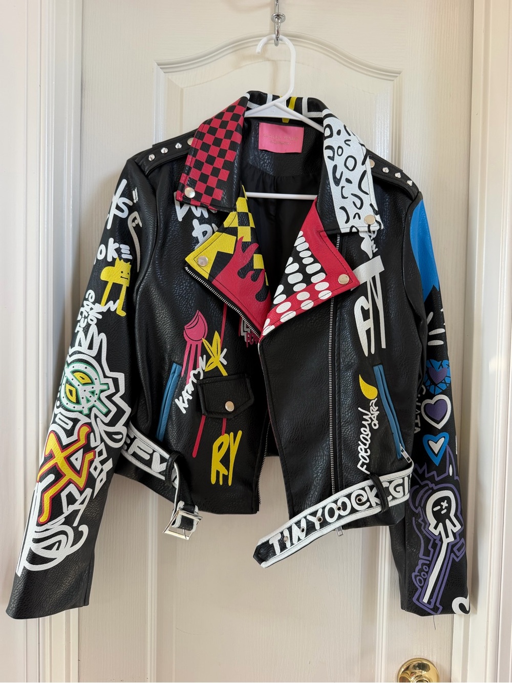 Black Multi-Color Graphic Leather Bomber Jacket - Women